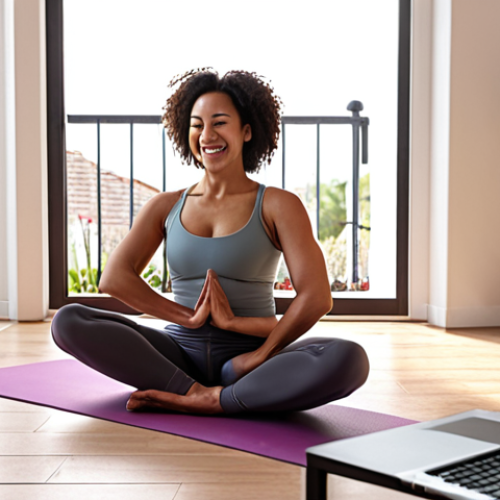 **A person happily teaching a yoga class online from their home, using a laptop.** (This captures the "online yoga classes" option)