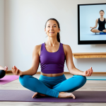 A professional female yoga instructor, dressed in modest and appropriate yoga attire, gracefully teaching a diverse group of students in a bright, modern yoga studio. The scene subtly incorporates elements of online presence, such as a large screen displaying an online class or website content in the background, symbolizing a hybrid teaching model. The instructor is engaged, demonstrating a yoga pose with natural body proportions, while students participate actively with correct anatomy and well-formed hands. The atmosphere is supportive and community-focused, reflecting brand building and local connection. fully clothed, appropriate attire, safe for work, perfect anatomy, correct proportions, natural pose, professional, family-friendly, high quality studio photography, clear focus.