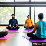 요가강사 커뮤니티 활동 - A diverse group of Hindi-speaking yoga teachers in a warm, inviting community room, sharing experien...