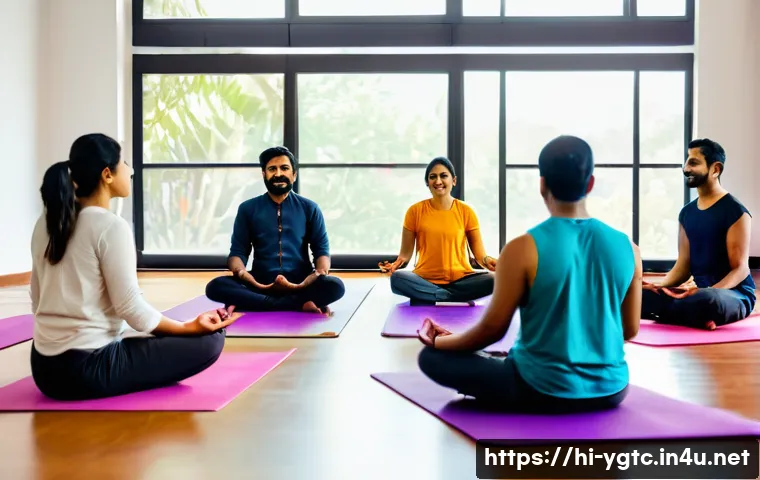 요가강사 커뮤니티 활동 - A diverse group of Hindi-speaking yoga teachers in a warm, inviting community room, sharing experien...