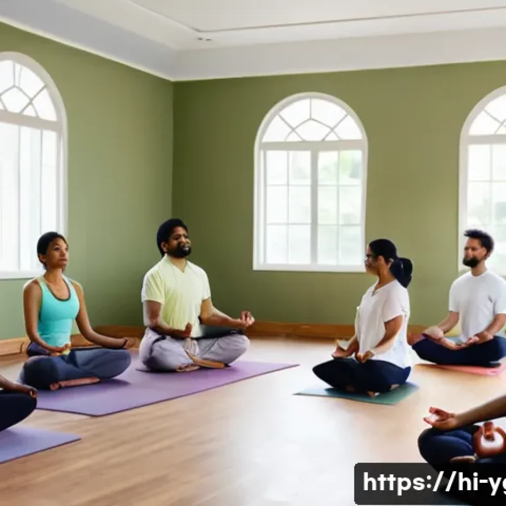 요가강사 경력 쌓는 방법 - A serene yoga studio scene featuring a skilled Indian yoga instructor teaching a diverse group of ad...