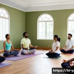 Home 21 요가강사 경력 쌓는 방법 - A serene yoga studio scene featuring a skilled Indian yoga instructor teaching a diverse group of ad...
