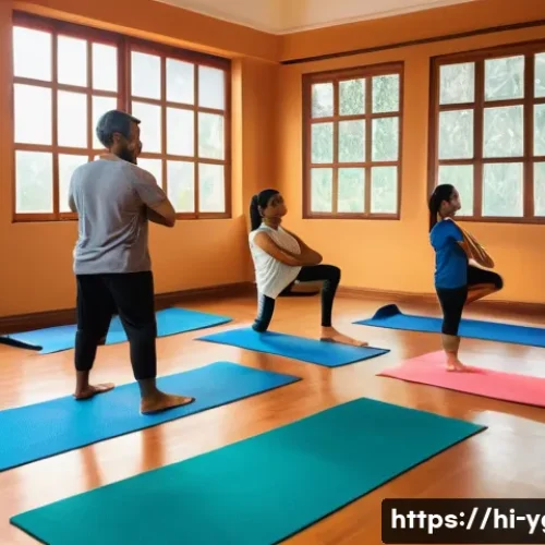 Home 32 요가강사로서 고객 충성도 높이기 - A serene yoga studio filled with diverse Indian students practicing various yoga styles like Hatha a...