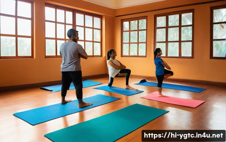 요가강사로서 고객 충성도 높이기 - A serene yoga studio filled with diverse Indian students practicing various yoga styles like Hatha a...