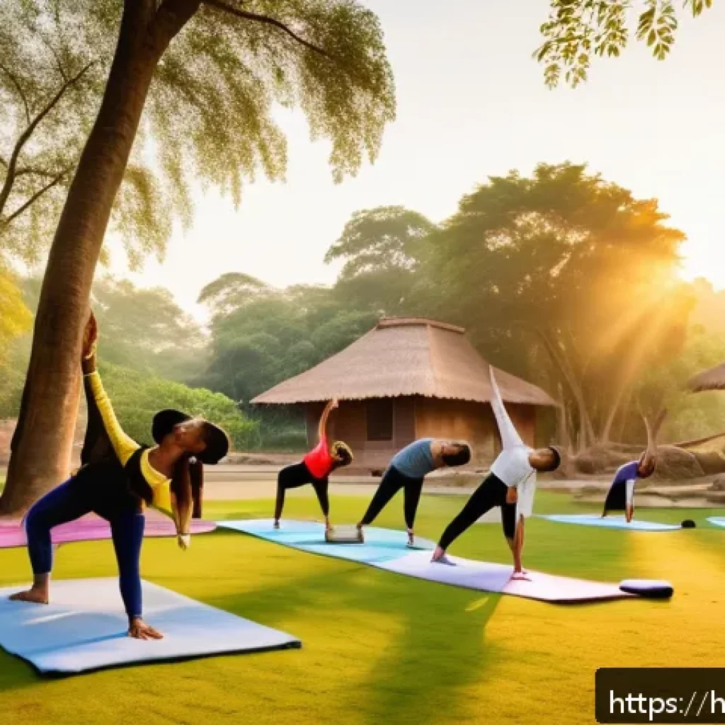 요가강사와 재능 기부 - A serene outdoor yoga class in an Indian village setting during early morning, featuring a diverse g...