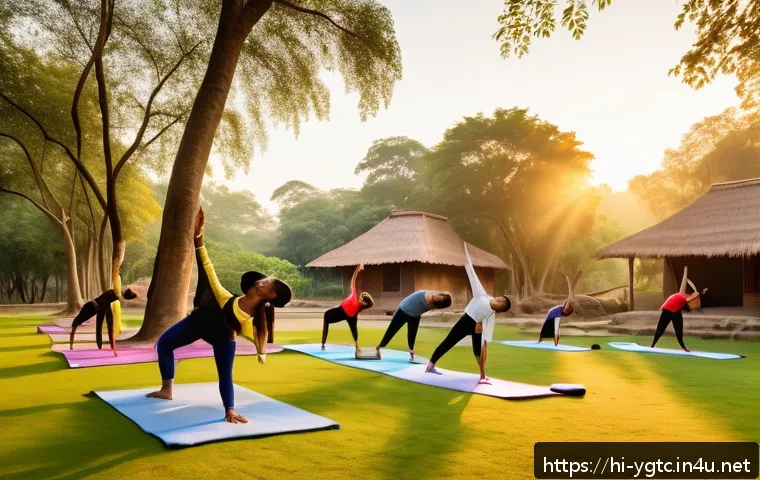 요가강사와 재능 기부 - A serene outdoor yoga class in an Indian village setting during early morning, featuring a diverse g...