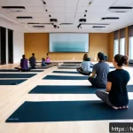 Home 22 요가강사 수업 촬영 팁 - A professional yoga classroom setup for recording, featuring a mid-range DSLR camera mounted on a tr...