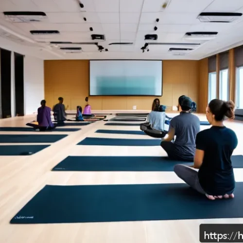Home 16 요가강사 수업 촬영 팁 - A professional yoga classroom setup for recording, featuring a mid-range DSLR camera mounted on a tr...