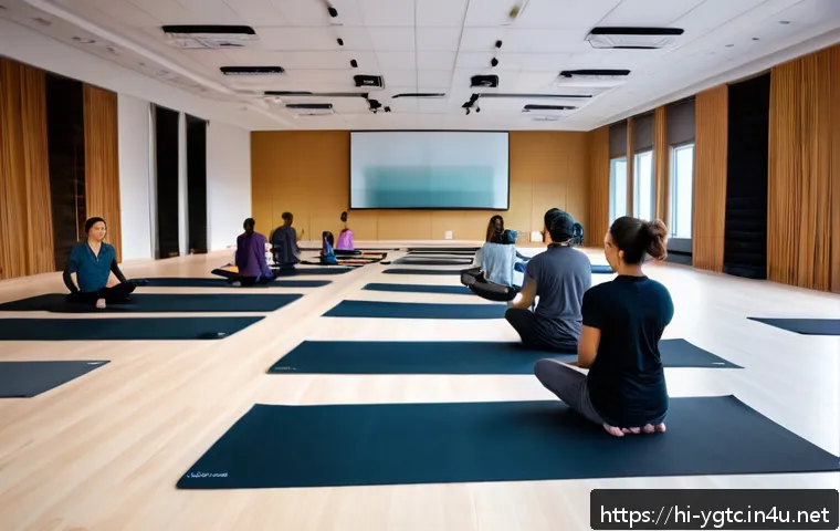 요가강사 수업 촬영 팁 - A professional yoga classroom setup for recording, featuring a mid-range DSLR camera mounted on a tr...