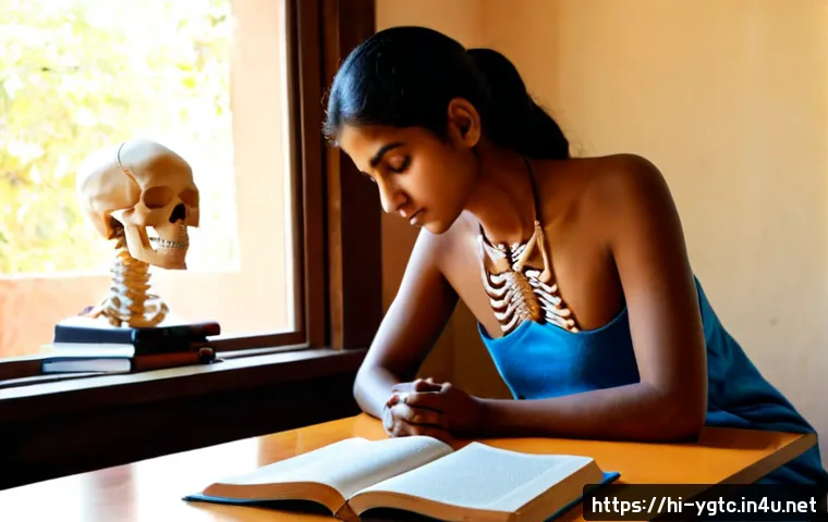 요가강사 이론 공부 방법 - Photorealistic Indian yoga instructor studying anatomy and yoga philosophy at a tidy home desk, open...